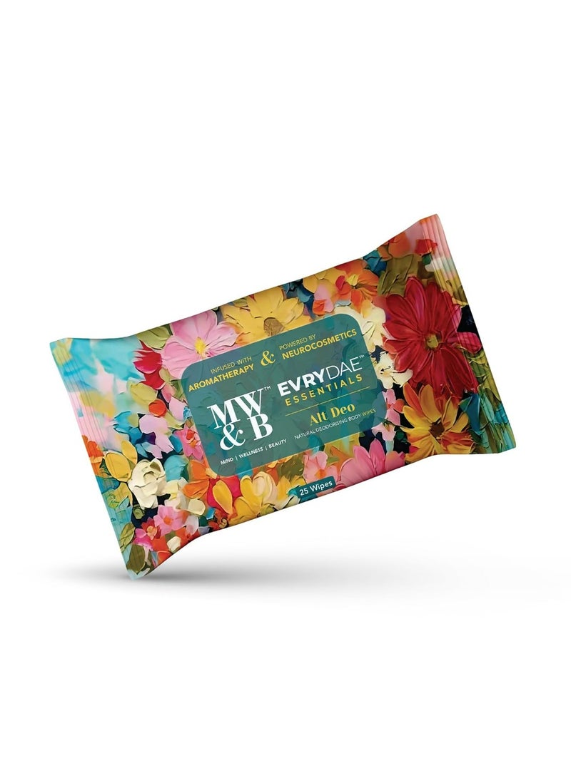 إم دبليو آند بي مناديل الجسم MW&B EVRYDAE Essentials Alt Deo Flora، عبوة من 25 قطعة (عبوتان)، مناديل للوجه، عطر يدوم طويلاً، منعش، ملطف، مناديل للوجه للنساء والرجال - Image 2